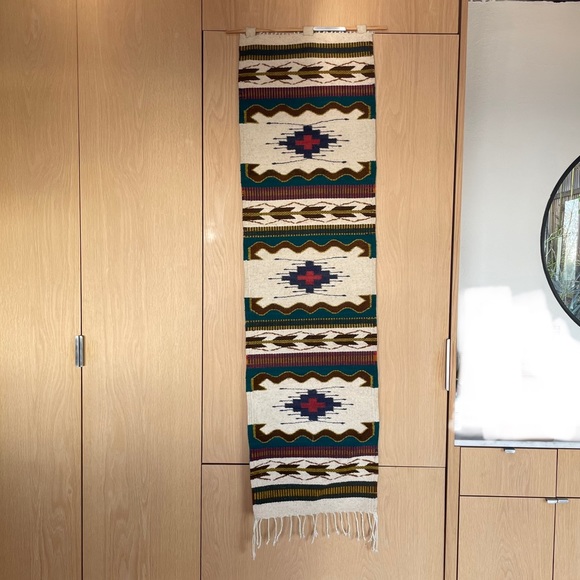 Woven Rug Tapestry with wood hanging rod. 57" x 16" - Picture 1 of 8